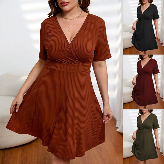 Plus Size Deep V-Neck Waist Elegant European & American Style Women's Dress