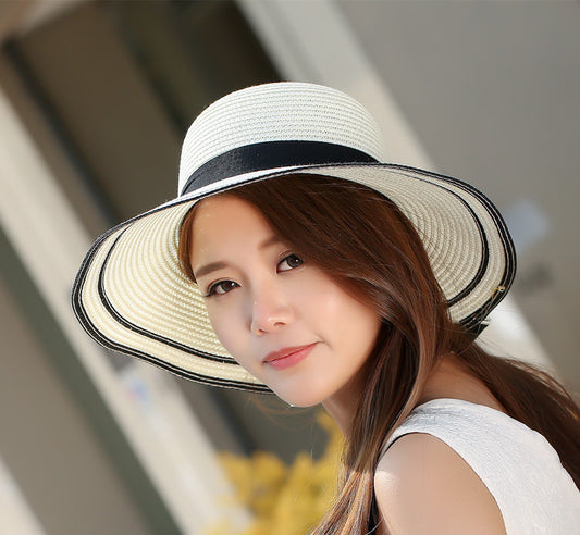 Big Black Panama Bow Foldable Straw Beach Summer Hats For Women