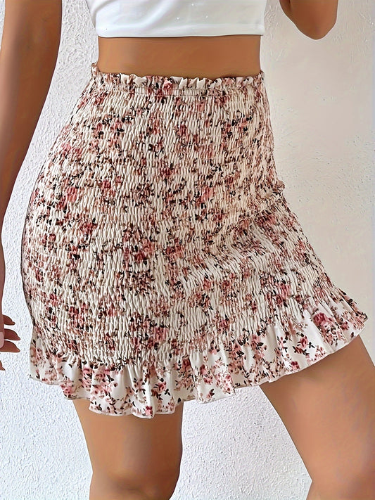 Printed Paper Bag Waist Drawstring Ruffled Hem Skirt