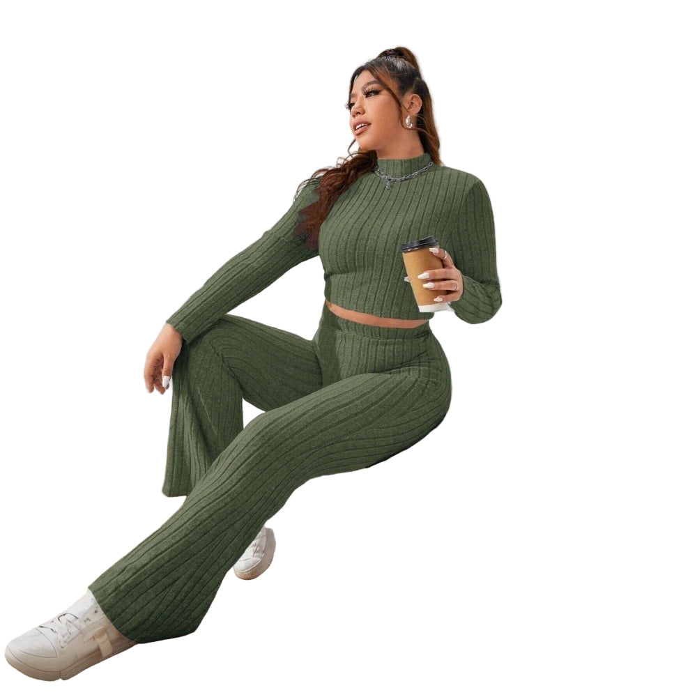 Women’s Autumn & Winter Two-Piece Set – Solid Color Slim Fit Top & Pants Outfit