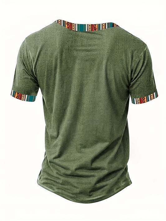 Men's Stylish Green Henley Shirt with Vibrant Tribal Pattern - Casual Short Sleeve V-Neck Tee for Summer, Polyester Knit Fabric, Casual V-neck Shirt