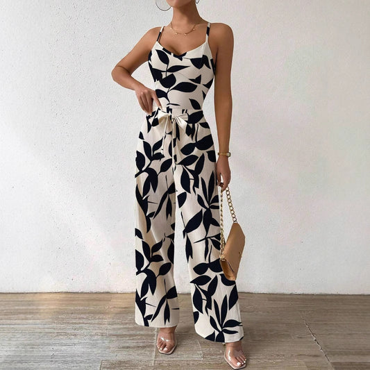 Fashion Floral Print Jumpsuit – Elegant Elastic Waist Belted One-Piece