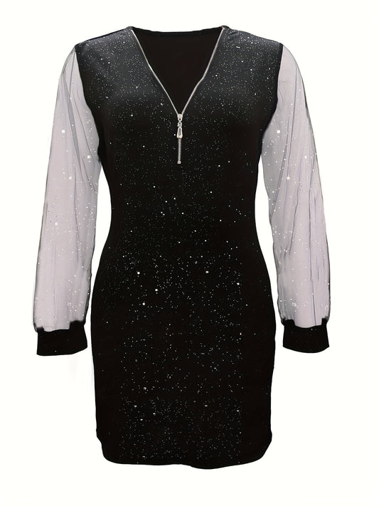 Hot Diamond Sequin Net Splicing Dress Elegant Commuting V-neck Zipper Long Sleeve Dress