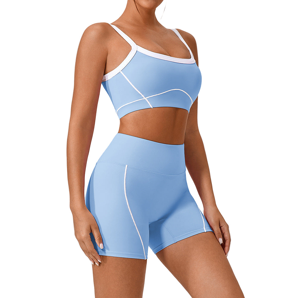Women’s Contrast Color Yoga Set – Spaghetti Strap Sports Bra & High-Waist Fitness Outfit