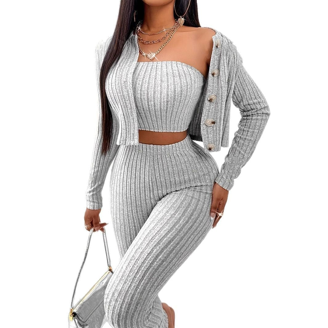 Women’s Fashion Three-Piece Set – Chic Cardigan, Camisole & Pants Outfit