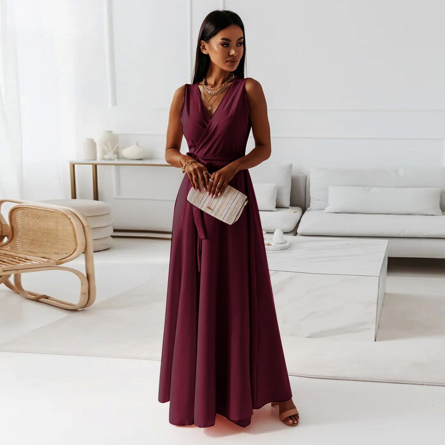 V-neck Sleeveless Dress With Belt Summer Fashion Party Club Evening Maxi Dresses For Women Clothing