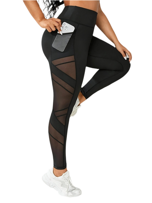 Plus Size Women's High-Waist Yoga Leggings with Mesh Panels - Stretchy & Breathable Polyester/Spandex Blend, Non-See-Through Leggings