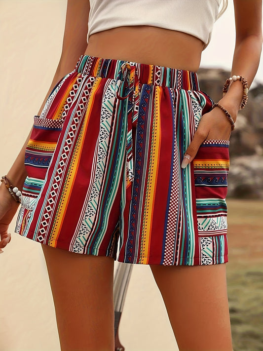 Bohemian High-Waisted Women's Shorts, 100% Polyester Woven Fabric, Summer Striped Pattern with Pockets, Casual Printed Shorts for Ladies