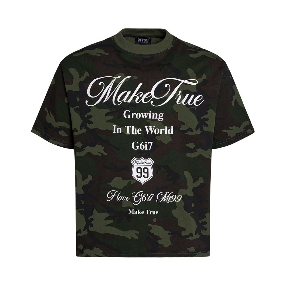 Camouflage letter printed short sleeved shirt