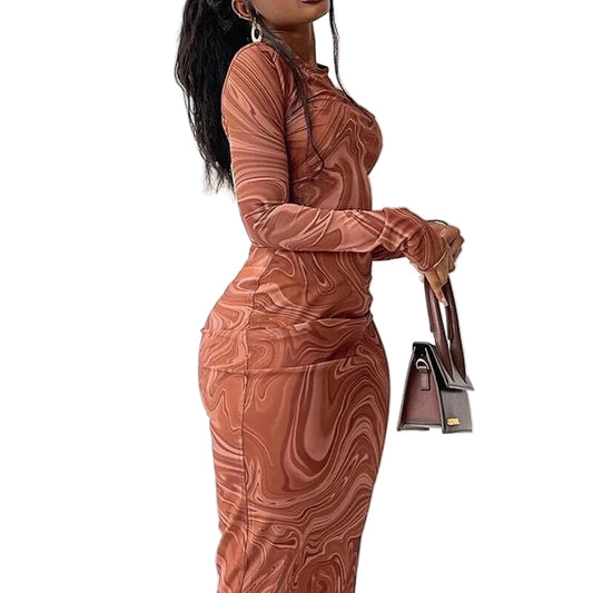 Elegant Printed Long Sleeve Round Neck Fitted Midi Dress