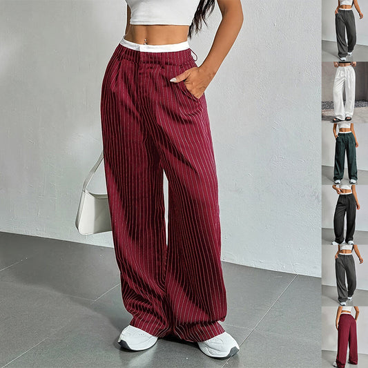Women's High Waist Stripe Printed Straight-Leg Trousers – Casual Suit Pants with Zipper & Pockets