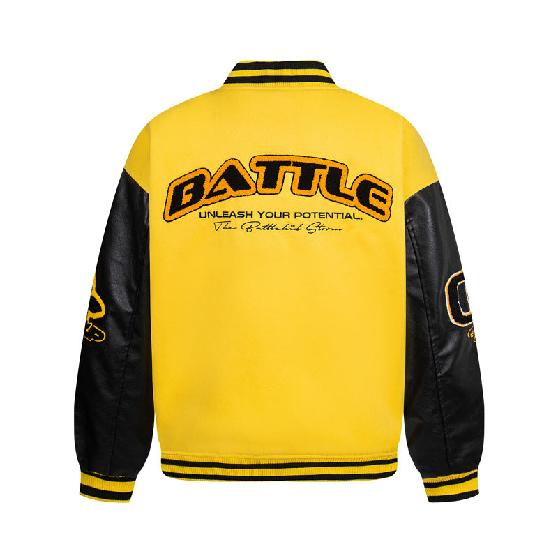 Unisex Color-Block PU Leather Sleeve Varsity Jacket – Loose Fit