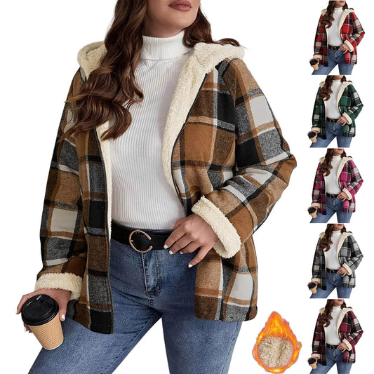 Women’s Plaid Hooded Coat – Fleece-Lined, Thick & Warm Composite Jacket