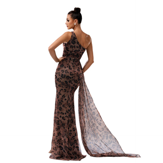 One-shoulder Diagonal Collar Leopard Sequined Evening Dress