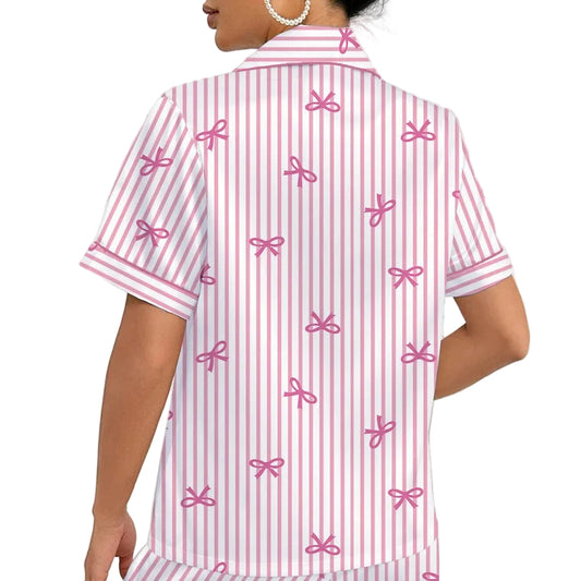 Striped Bow Milk Silk Short Pajama Set for Women – Valentine’s Edition