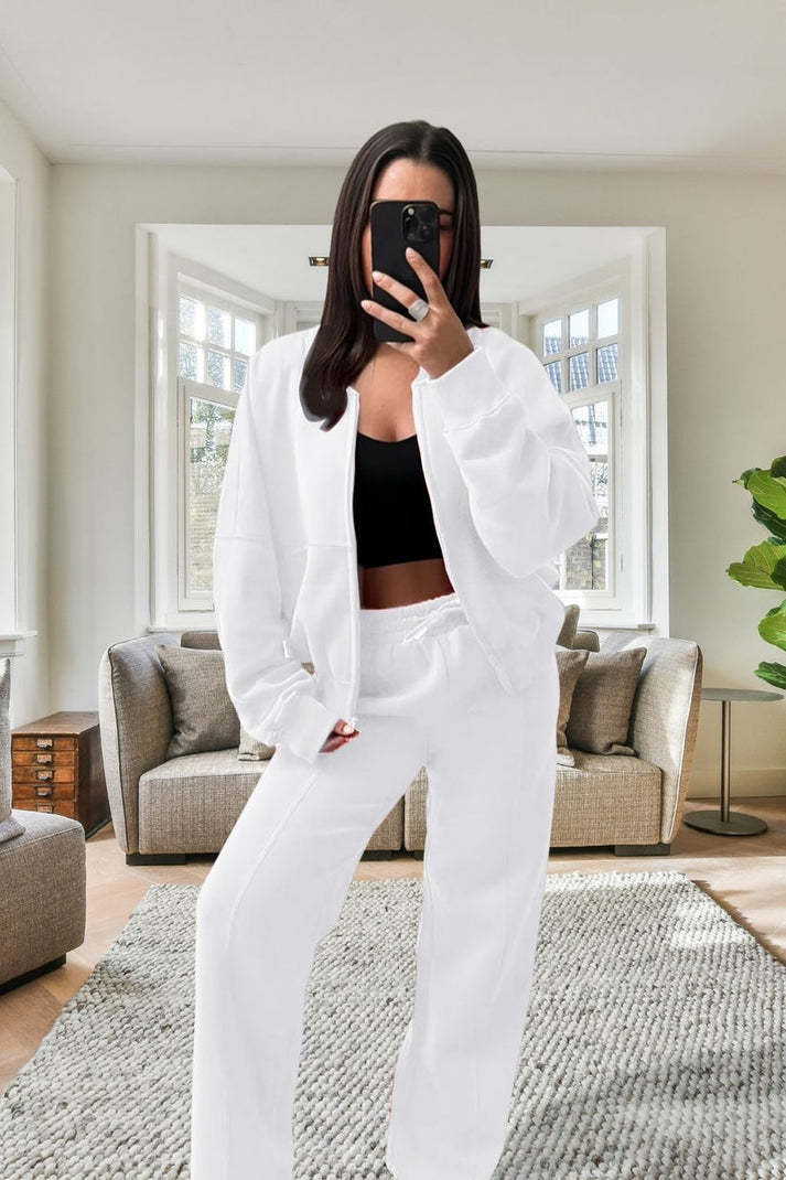 Women's Oversized Fleece Bomber Tracksuit Zipper Jacket & Wide-Leg Pants Set