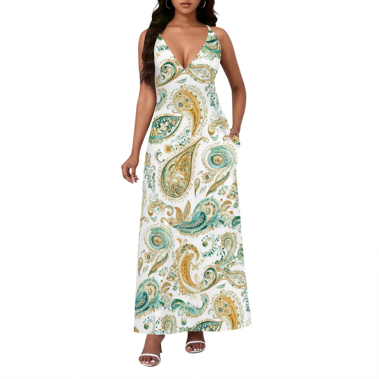 Ethnic Style Paisley Print Backless Slip Dress