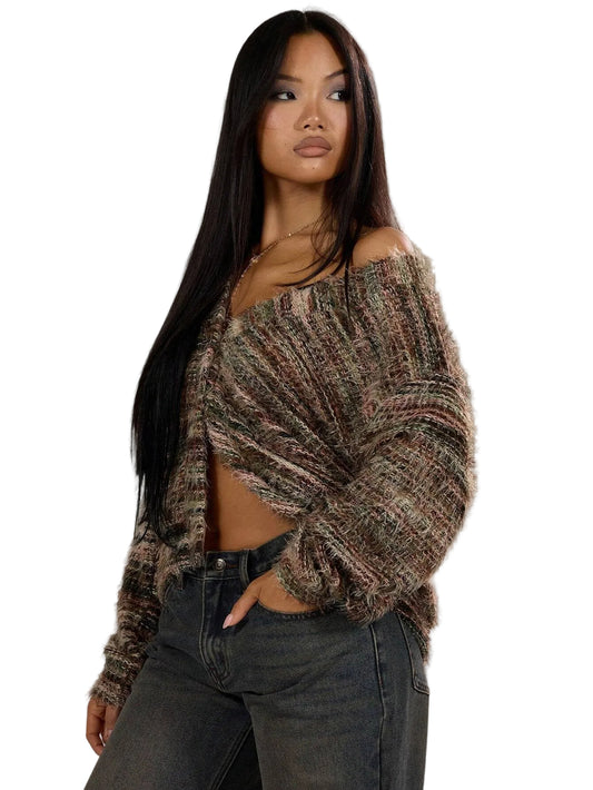 Striped V-Neck Knit Cardigan – Long Sleeve Cropped Sweater