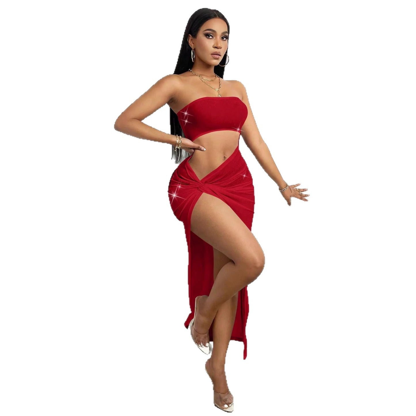 Sexy Hollow-Out Strapless Slit Bodycon Maxi Dress