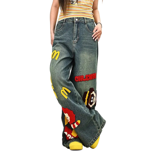Street Style Embroidered Cartoon Denim Pants – Wide Leg BF Fit