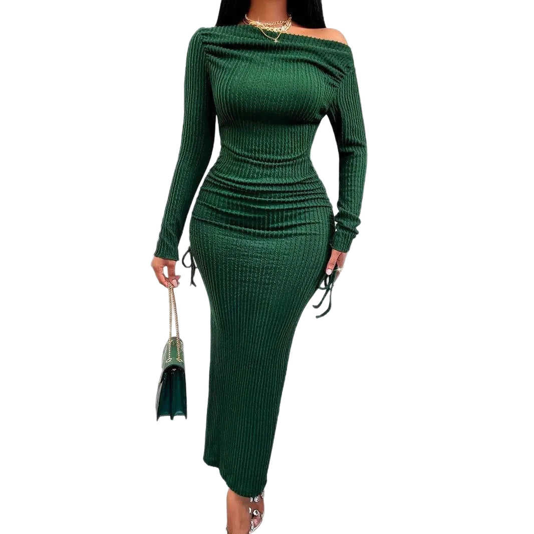 Elegant Women's High Neck Long Sleeve Fitted Ruched Drawstring Bodycon Dress