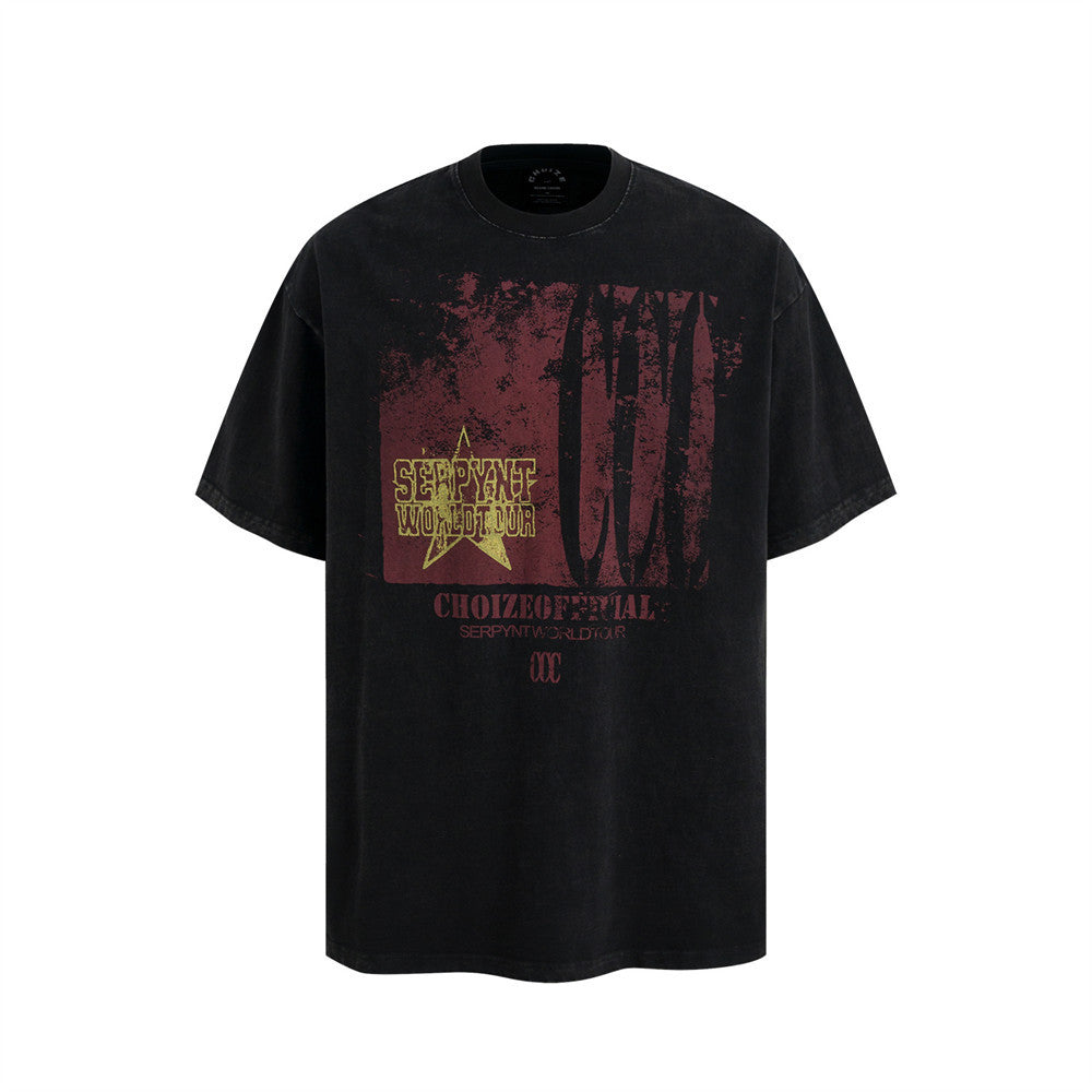 Graffiti distressed printed cotton washed short sleeved shirt