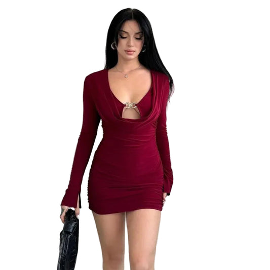 Sexy High-Waist Bodycon Dress with Long Sleeves