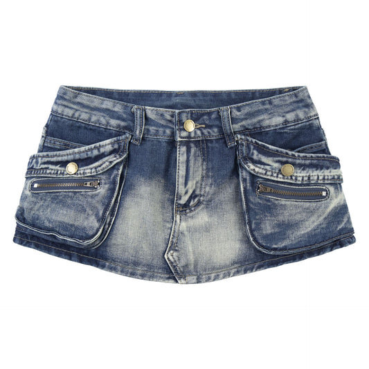 Multi pocket washed vintage denim mini skirt for women