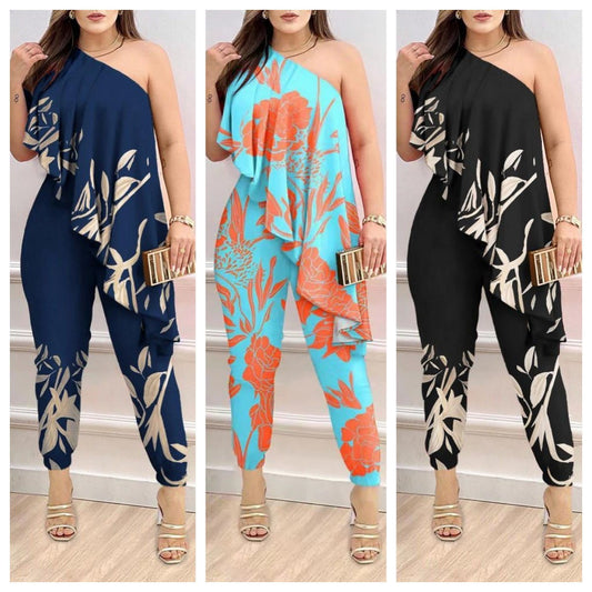 Women’s Printed One-Shoulder Ruffled Jumpsuit – Elegant Statement Piece