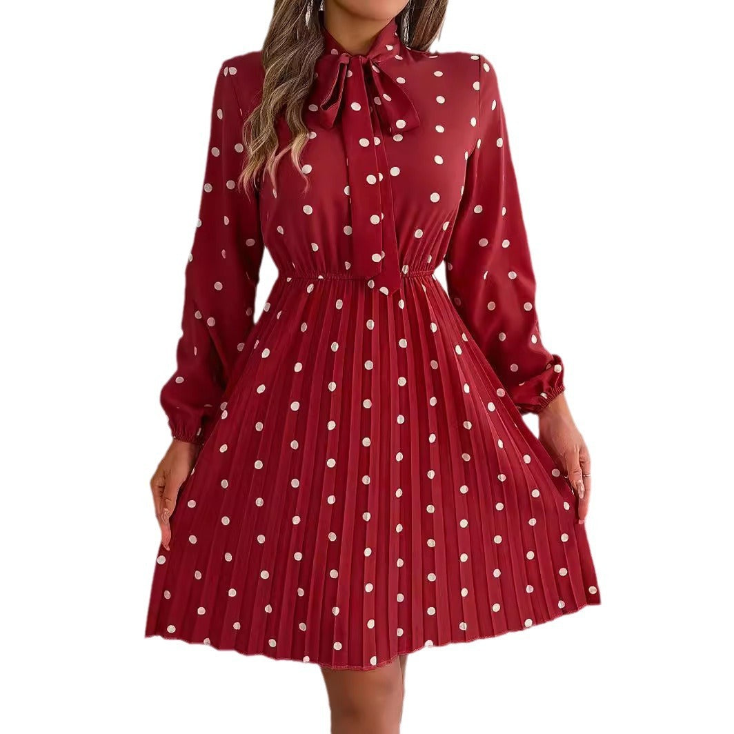 Women’s Polka Dot Pleated Dress – Self-Tie Waist & Long Sleeves