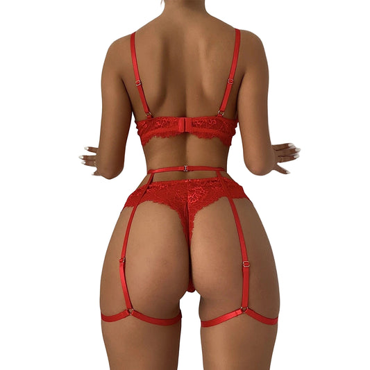 Lace Three-Point See-Through Maid Lingerie Set with Suspenders