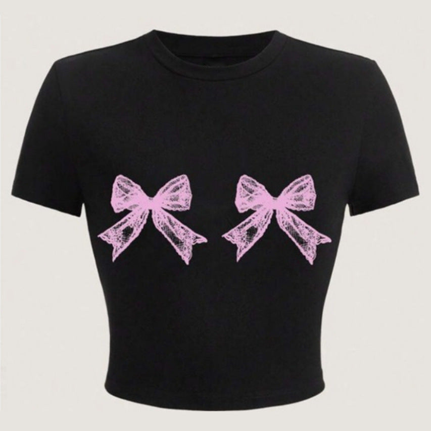 Casual Simple Round Neck Lace Bow Print Short Sleeve