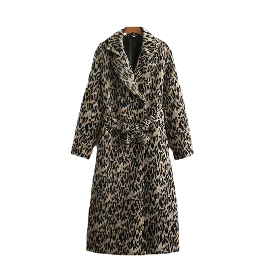 Women’s Leopard Print Woolen Coat – Stylish Lapel Long Winter Jacket