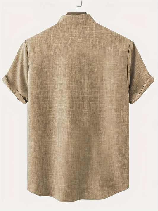 Men's Lightweight Short-Sleeve Linen-Look Shirt with Tribal Geometric Pattern