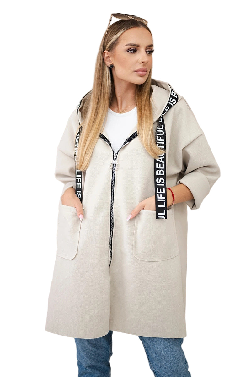 Women’s Plus-Size Hooded Woolen Coat – Long Sleeve Zip-Up Sports Style
