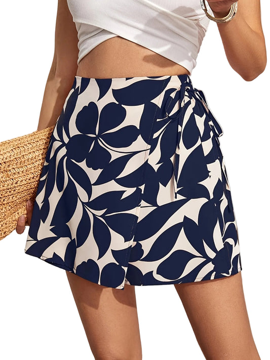 Elegant Short Skirt Pants for Women with Floral Print And Drawstring Elastic Waist.