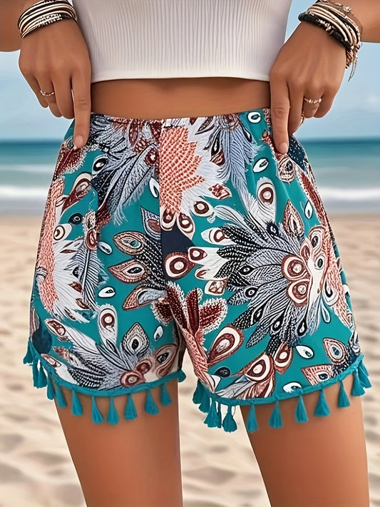 Plus Size Women's Bohemian Peacock Print Wide-Leg Shorts with Fringe Hem