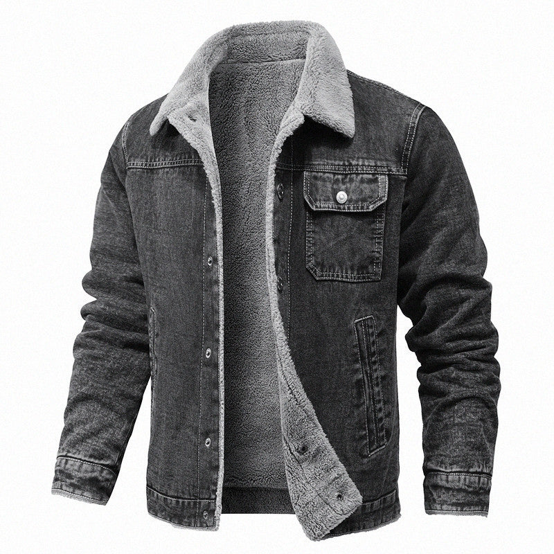 Retro Fleece-Lined Denim Jacket – Loose Fit Cotton Winter Coat with Lapel Collar