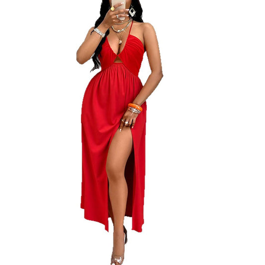Sexy Halter Neck Drawstring V-Neck Dress for Women