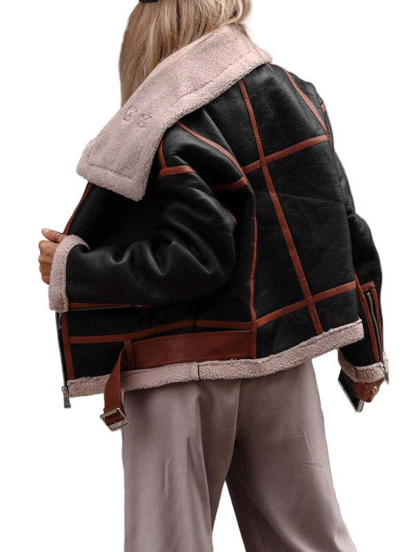 Women’s Lapel Lamb Wool Jacket – Streetwear Motorcycle Style