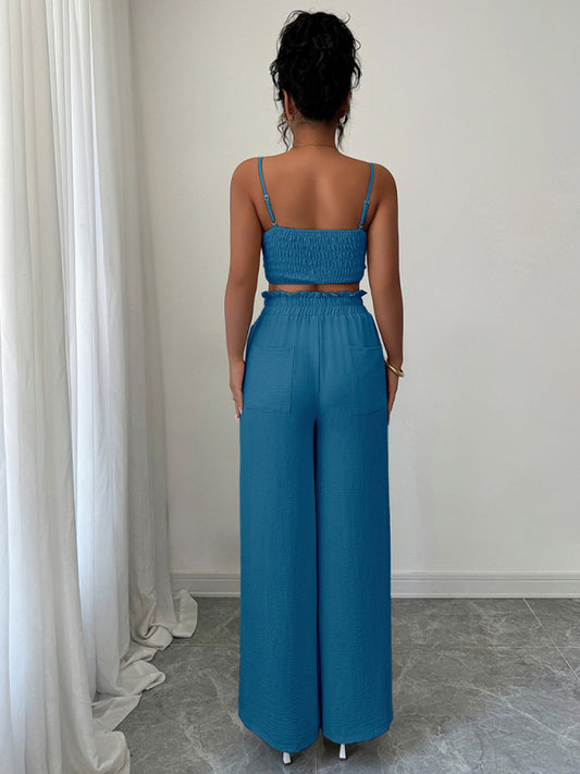 Peacock Blue Suspender Vest Wide Leg Pants Two-Piece Set