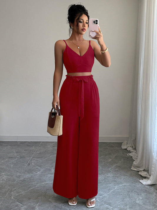 Burgundy suspender vest wide-leg pants two-piece set