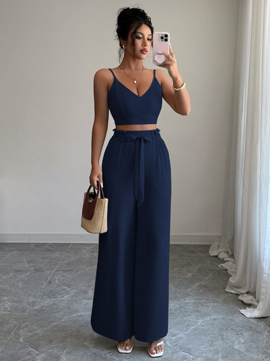 Navy Blue Suspender Vest Wide Leg Pants Two-Piece Set