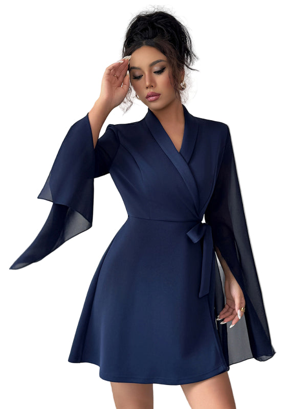 Elegant Long-Sleeved Tie Dress – Chic Waist-Tie Wrap Style