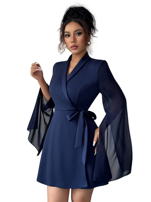 Elegant Long-Sleeved Tie Dress – Chic Waist-Tie Wrap Style