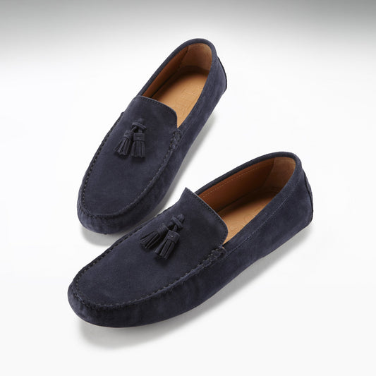 Men’s Tasselled Driving Loafers – Premium Navy Blue Suede Slip-On Shoes