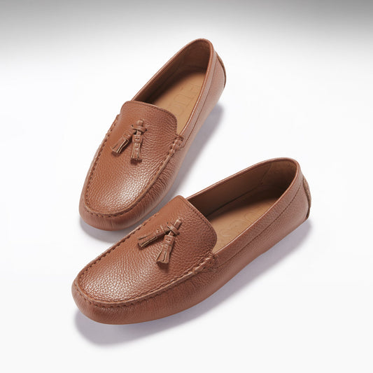 Men’s Tasselled Driving Loafers – Tan Grain Leather Slip-On Shoes