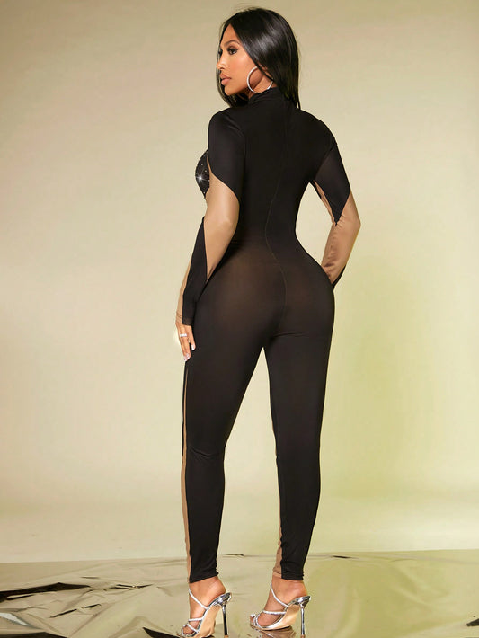 SXY – Jumpsuit mit Rollkragen und Strass-Detail in Farbblock-Optik