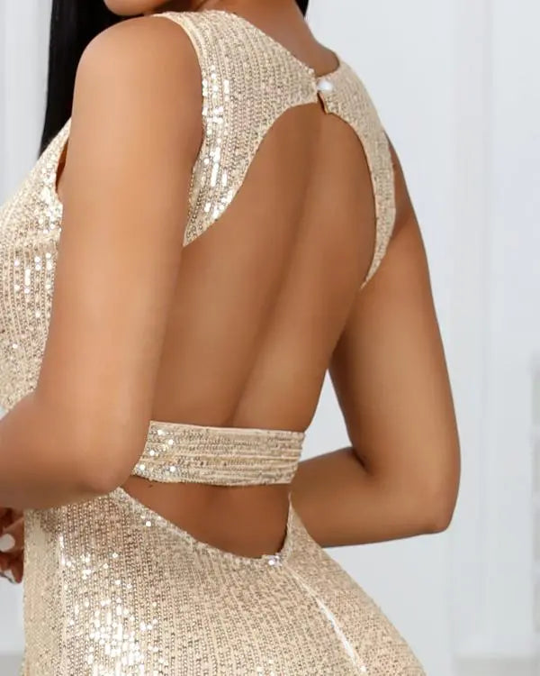 Glitzernder, ärmelloser, rückenfreier Jumpsuit mit Rundhalsausschnitt und Pailletten