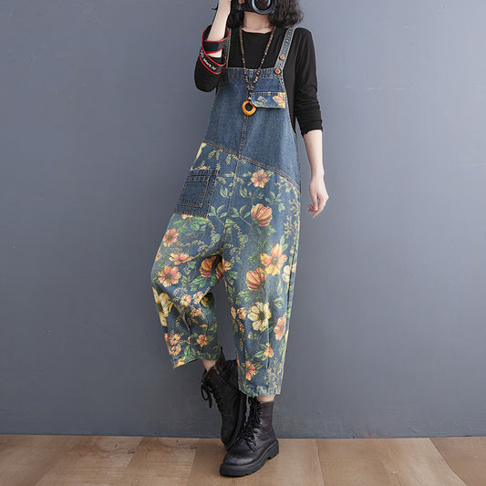 Jumpsuit aus Denim mit Patchwork-Blumenmuster